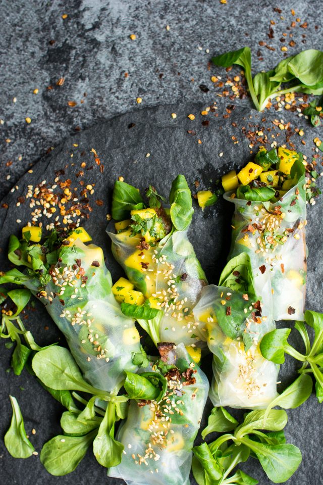 Vegan Winter Spring Rolls Two Ways! Crispy Baked Tofu with a zingy mango lime salsa!